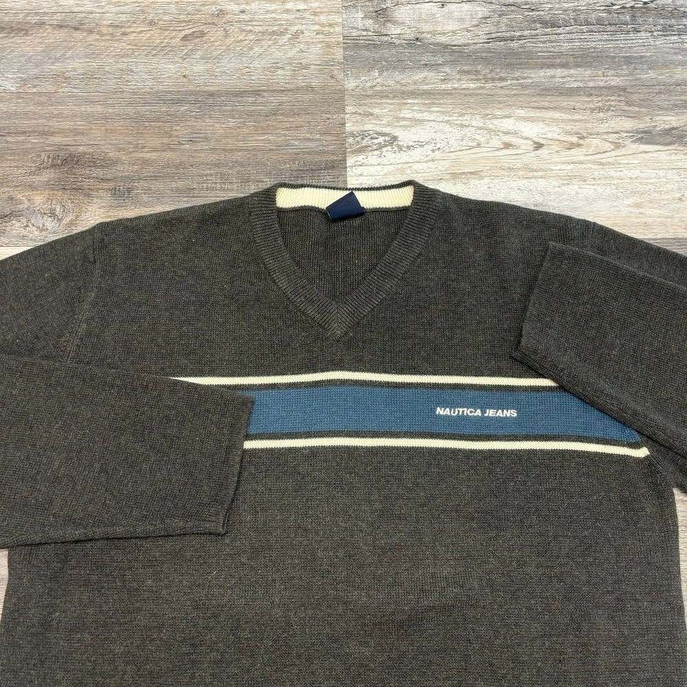 Vintage Y2K Nautica Jeans Grey Mens L Chest Stripe V-Neck Knit Pullover Sweater